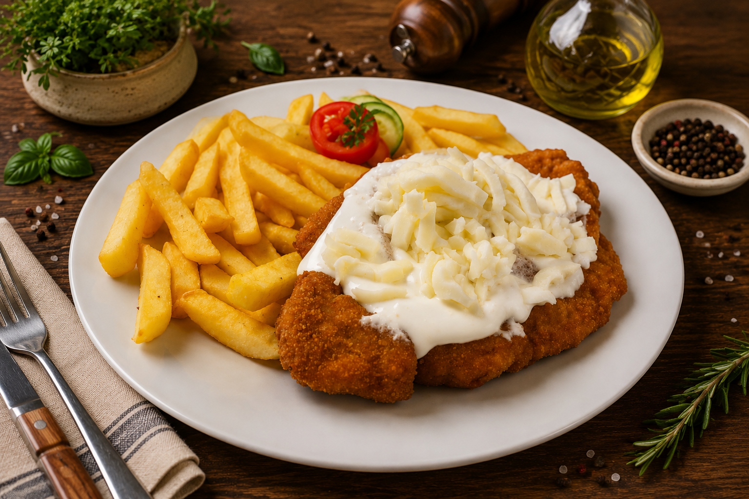 Rántott sertéskaraj fokhagymás tejföllel,sajttal, hasábbal(A,C,) - Gebratene Schweinelende mit Knoblauch-Sauerrahm,Käse mit Pommes - Breaded pork with garlic sour cream,cheese and French fries